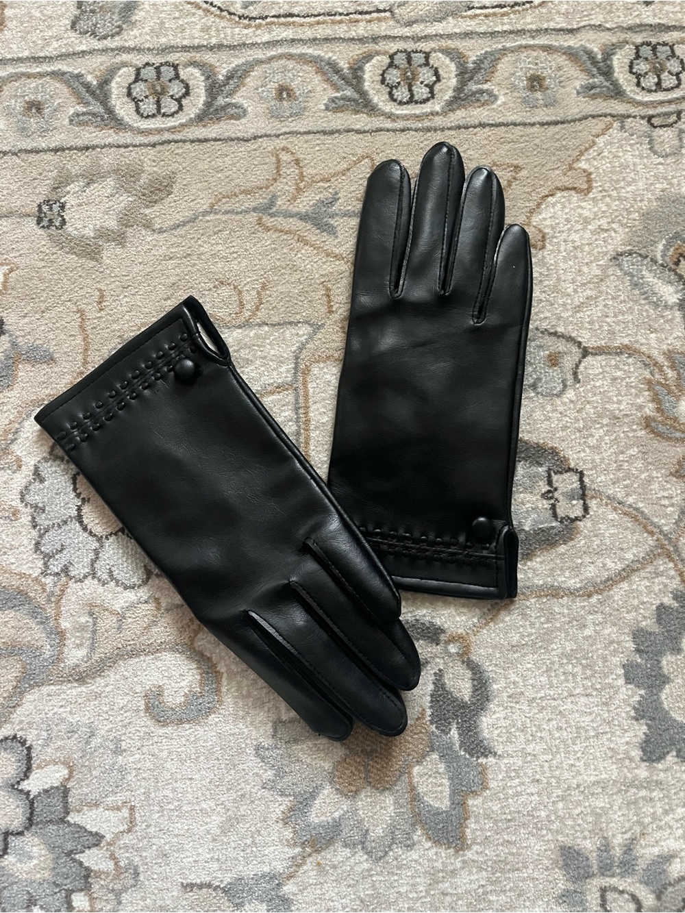 Classic Black Leather Button-Trim Gloves